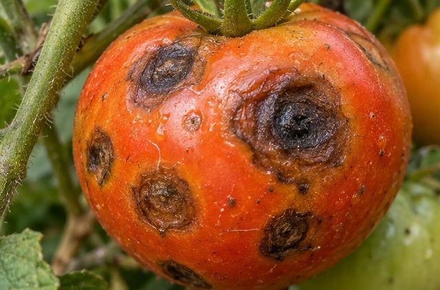 Round, dark, sunken patches on ripening fruit.