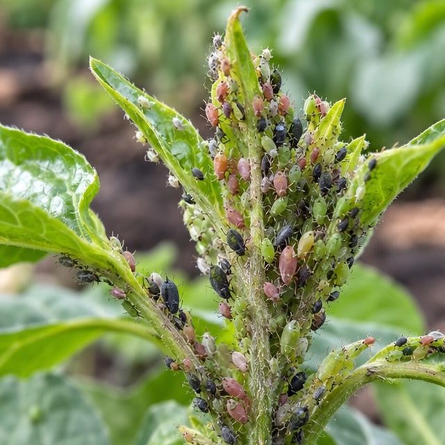 Green, black, pink or grey insects packed along soft stems.