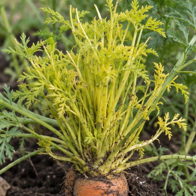 A witches'-broom of thin yellow shoots from the carrot crown.