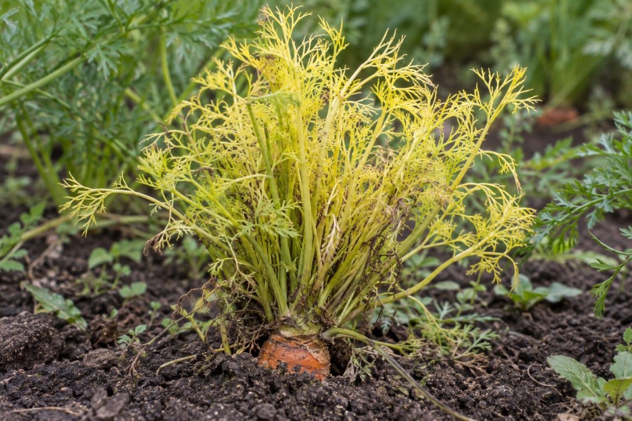 A carrot with a bunch of thin yellow shoots from aster yellows