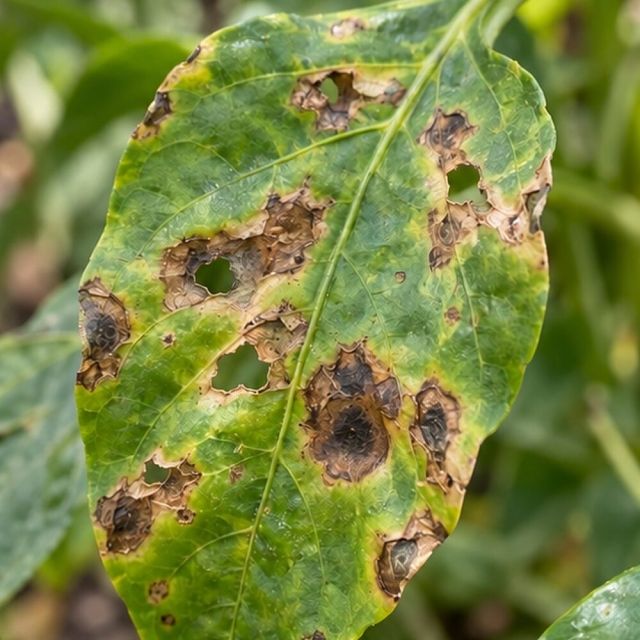 Spots turn brown-black; on tomatoes the centres fall out.