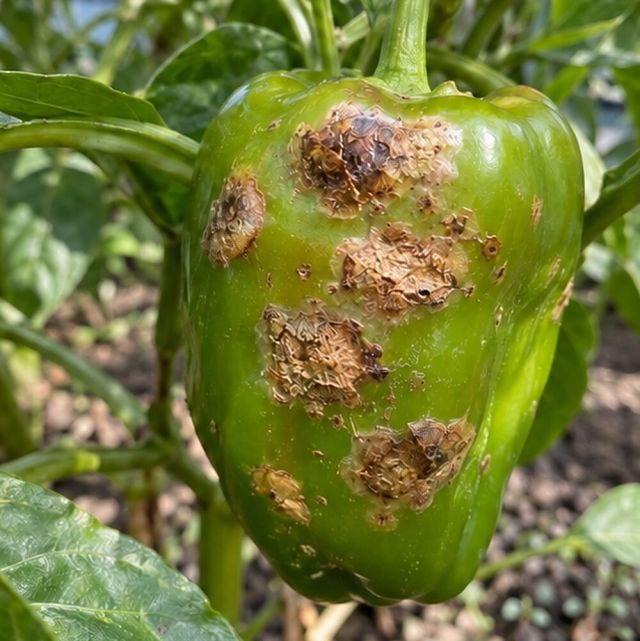 Raised, rough, brown spots on fruit.