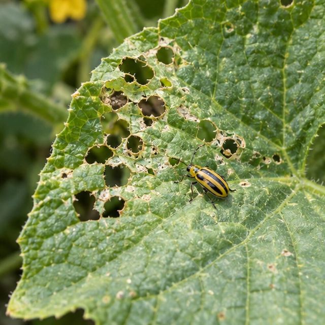 Cucumber beetle feeding on leaves nearby.