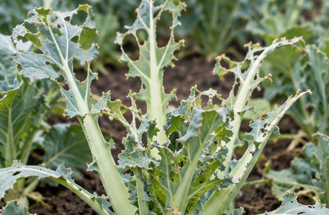 Brassica leaves torn back to the stalks.