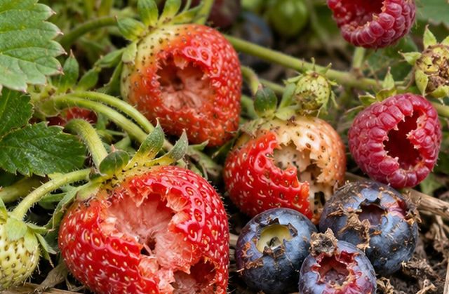 Strawberries and berries with beak holes or missing.