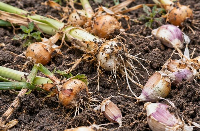 Onion sets and garlic cloves lifted out of the soil.