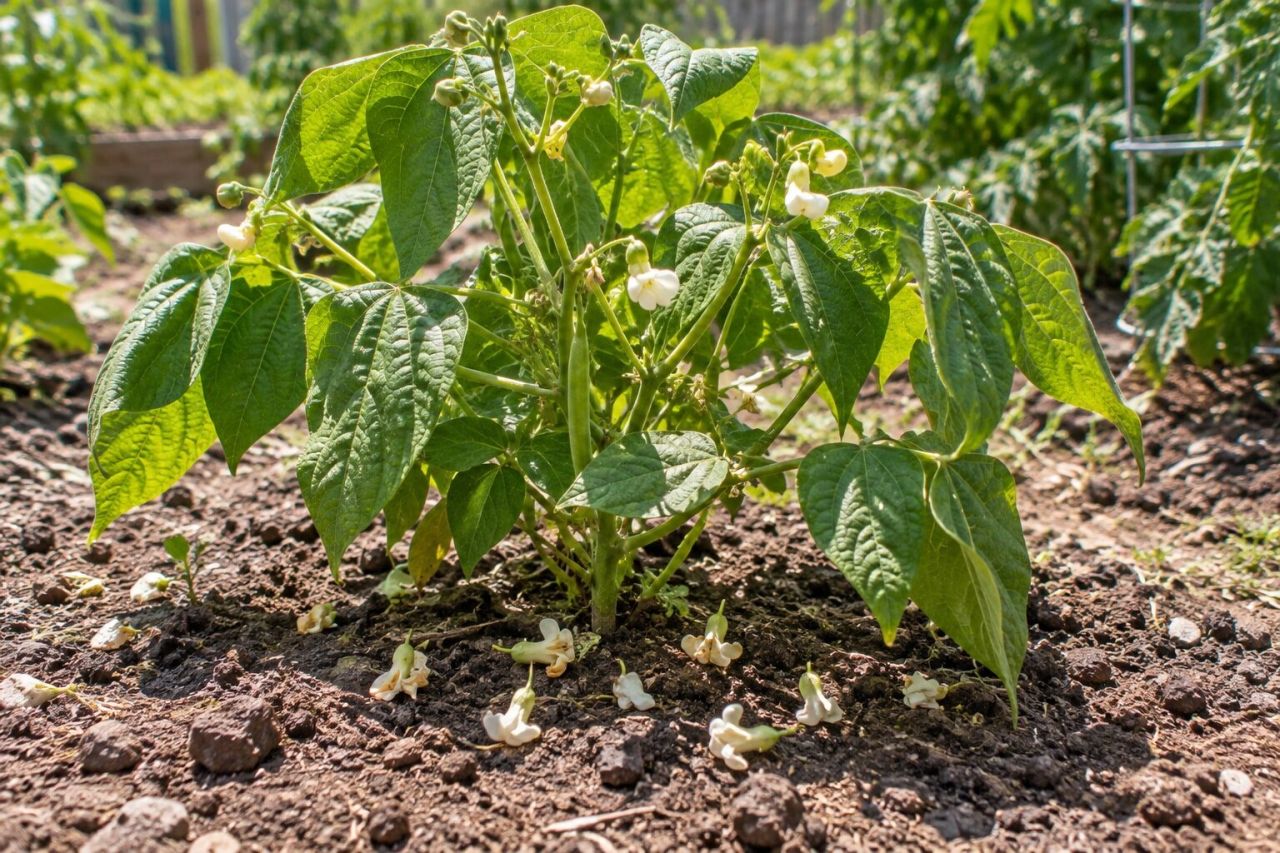 A bean plant in hot sun with fallen flowers on the soil below