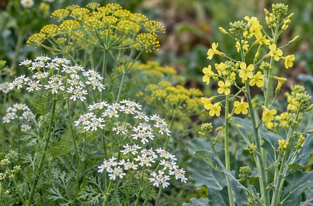 Coriander, dill and brassicas open flat or branched heads of small flowers.