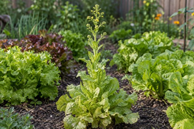 A lettuce running to seed with a tall flowering stalk