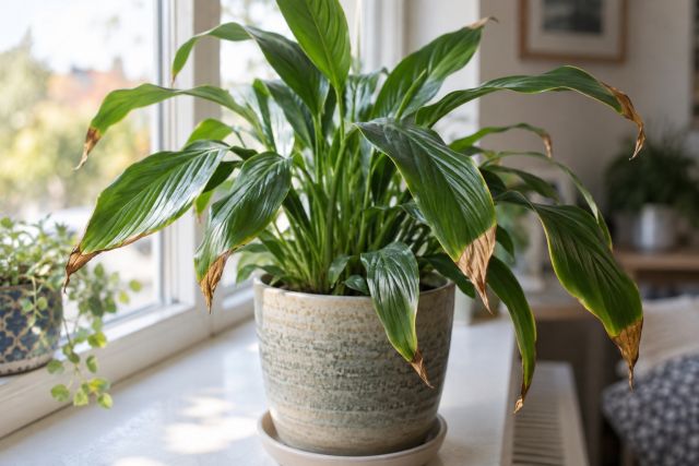 A potted houseplant on a windowsill with crisp brown leaf tips