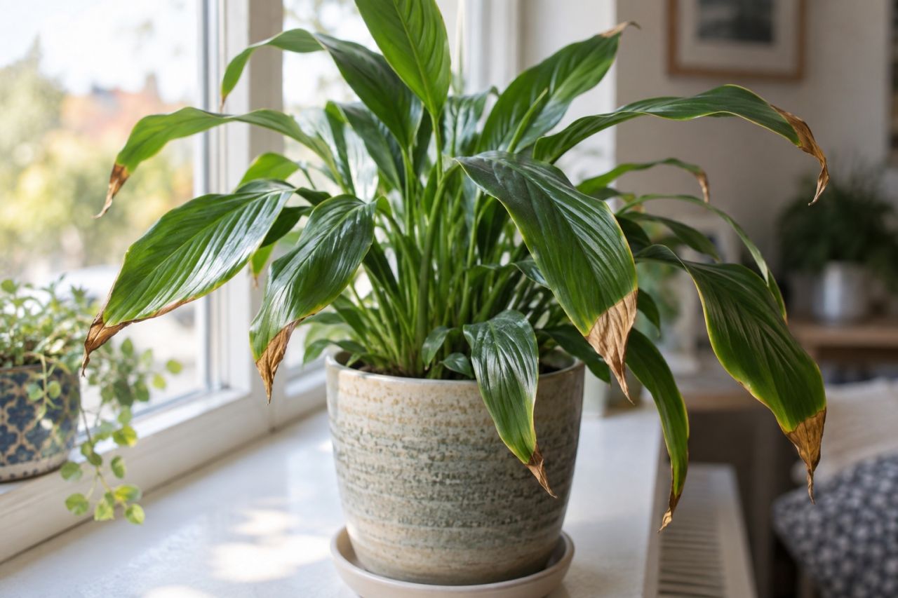 A potted houseplant on a windowsill with crisp brown leaf tips