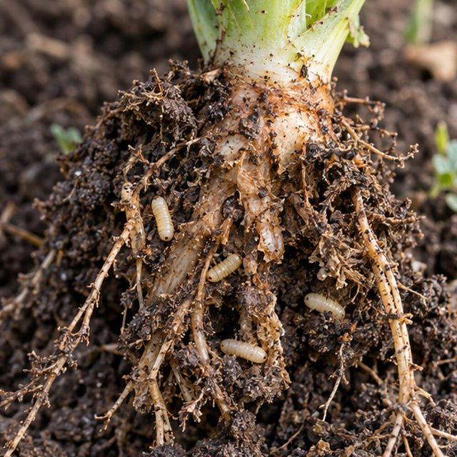 Few roots left, with white maggots.