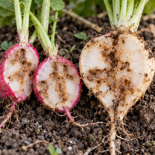Brown tunnels through radishes and turnips.