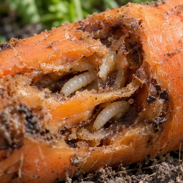Creamy larvae in the tunnels.