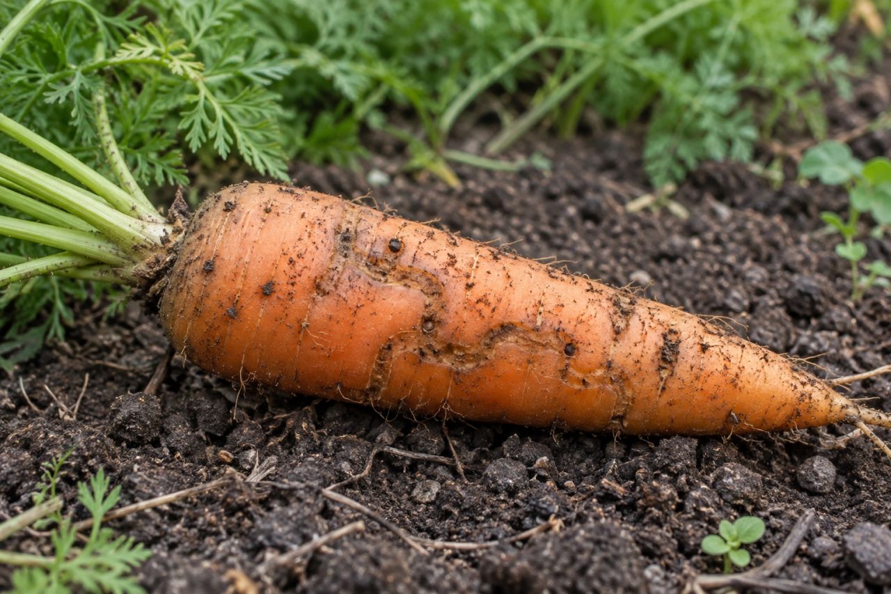 A carrot scarred by carrot fly tunnels