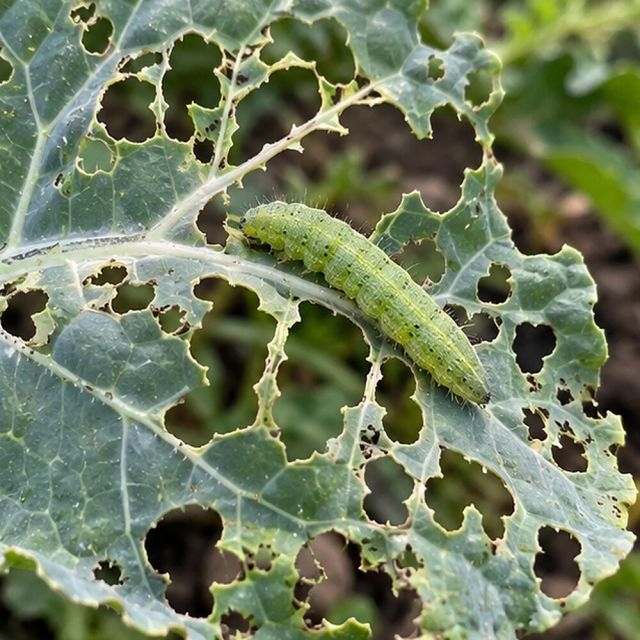 Irregular holes in leaves, sometimes only veins left.