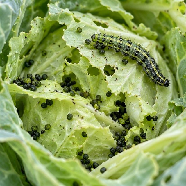 Small dark green pellets on leaves and in the heart.