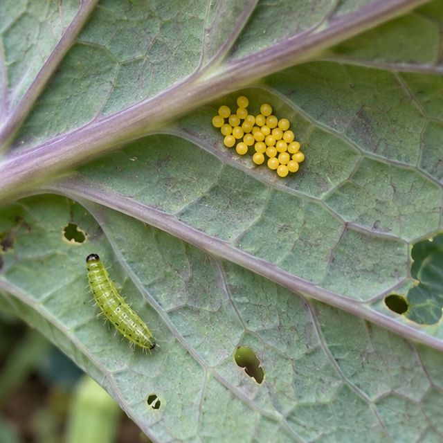 Yellow eggs in clusters under brassica leaves.