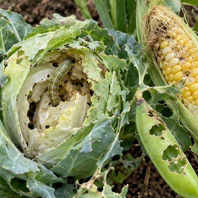 Holes into cabbage hearts, cobs and pea pods.