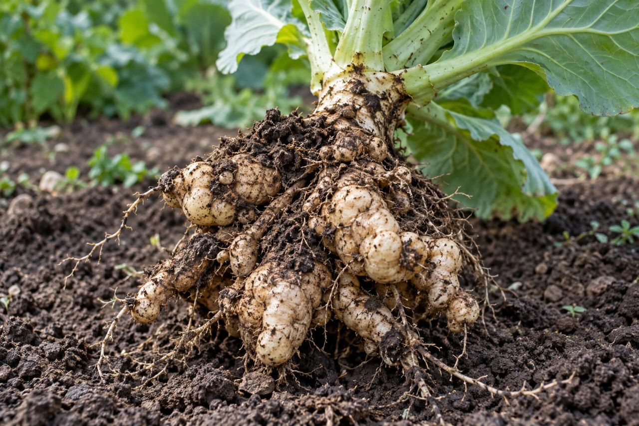 A cabbage root swollen into knobbly clubs
