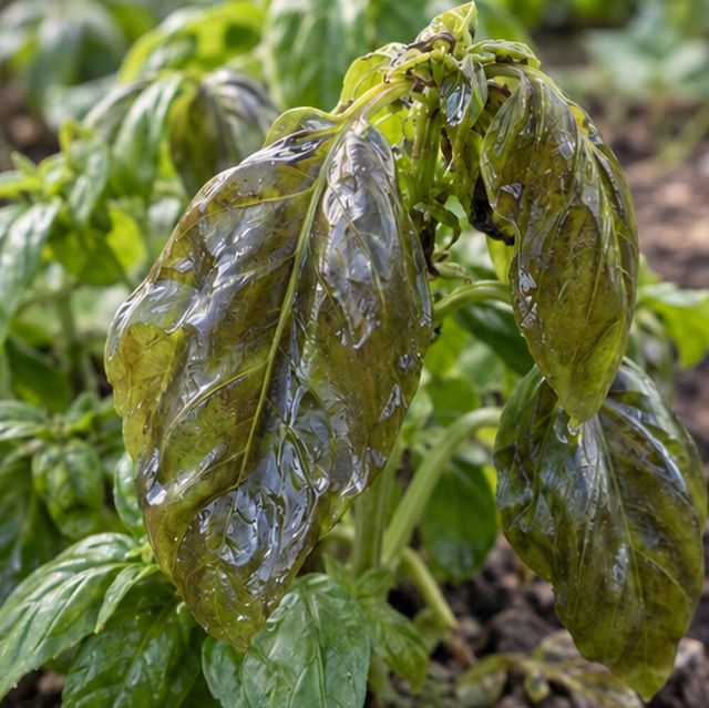 The morning after, leaves look dark and water-soaked.