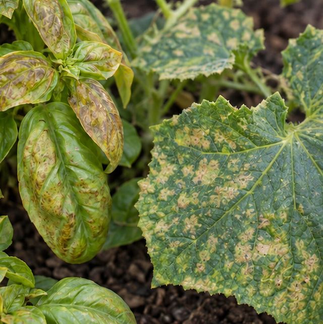 Basil and cucumbers show bronzed, spotted leaves after nights under 10 °C (50 °F), even without frost.