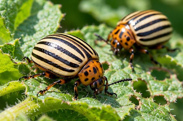 Yellow beetles with ten black stripes on the wing cases.