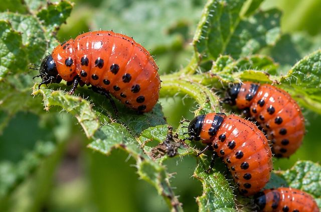 Humped, red-orange larvae with black spots.