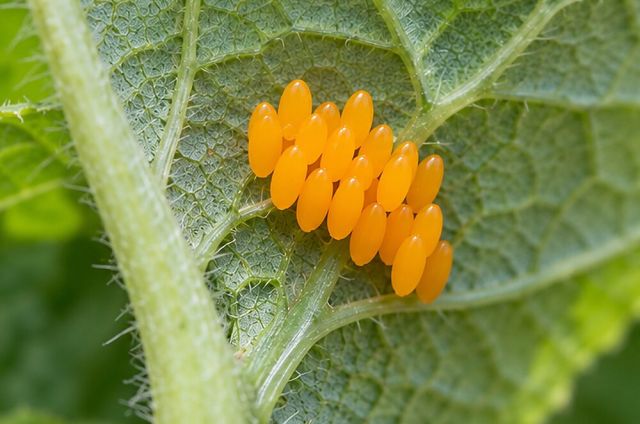 Clusters of orange-yellow eggs under leaves.