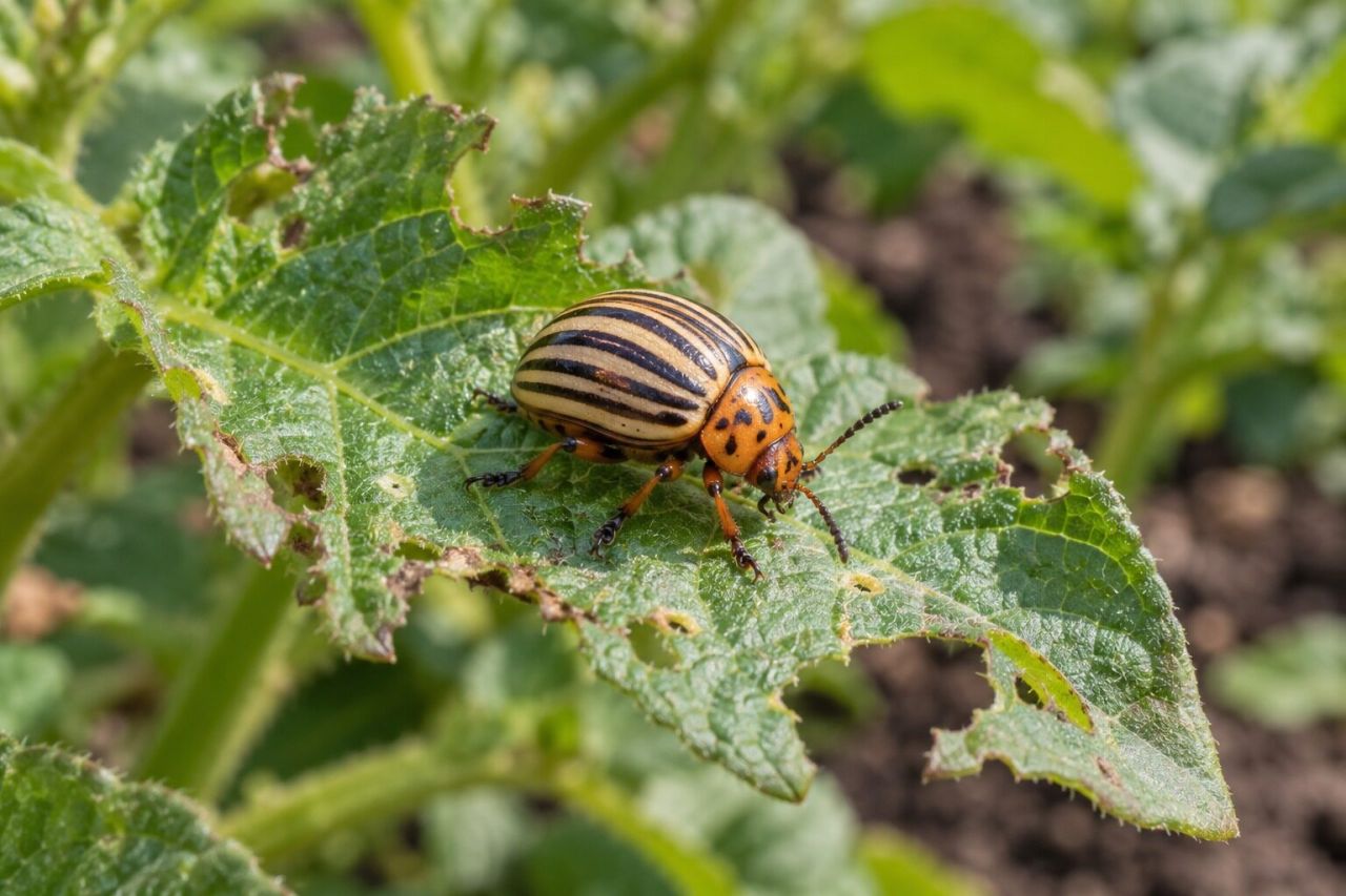 A striped Colorado potato beetle on a chewed potato leaf