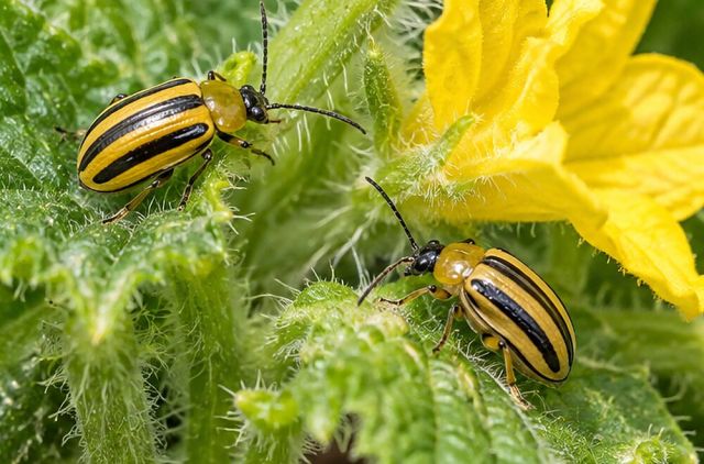 Yellow beetles with three black stripes.
