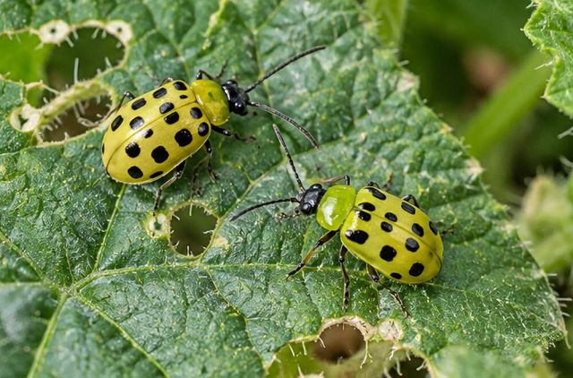 Yellow-green beetles with twelve black spots.