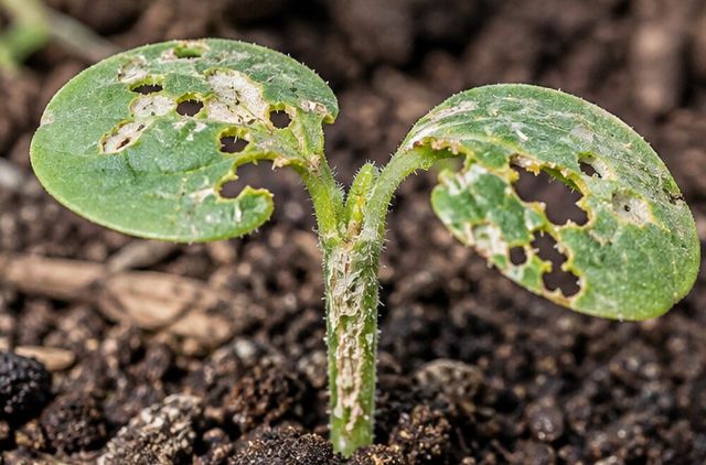 Holes and scars in seed leaves and stems.