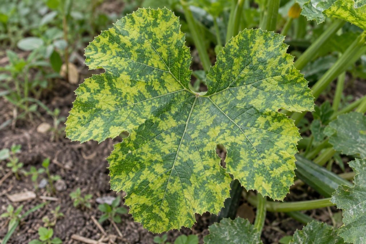 A courgette leaf with yellow-green mosaic mottling