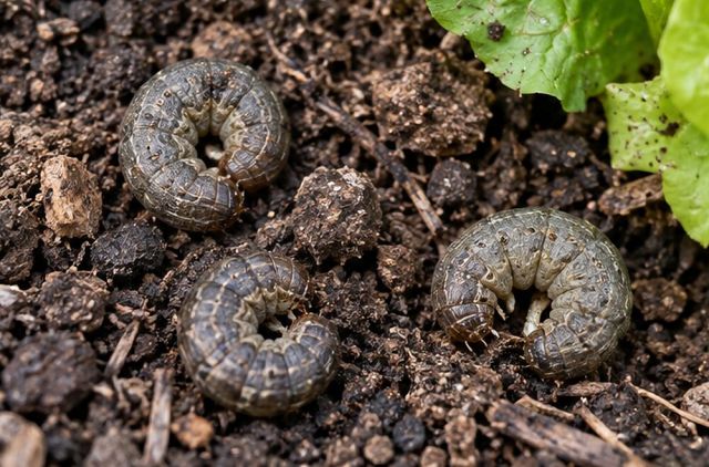 Grey, brown or green caterpillars curled in the soil.