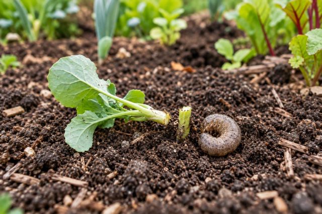 A seedling cut through at the base with a cutworm curled in the soil