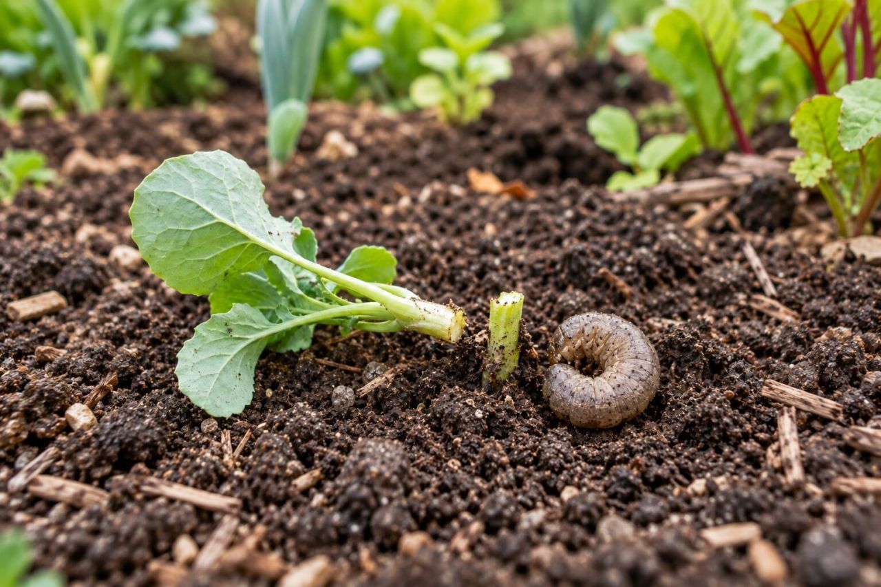 A seedling cut through at the base with a cutworm curled in the soil