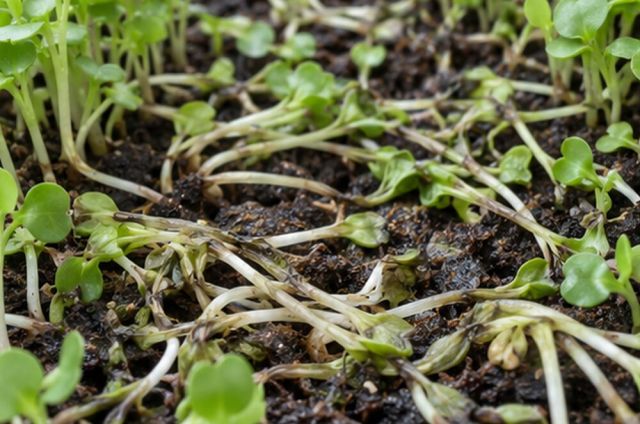 Seedlings topple in patches.