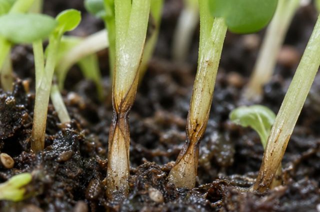 Stems thin and brown at the compost surface.