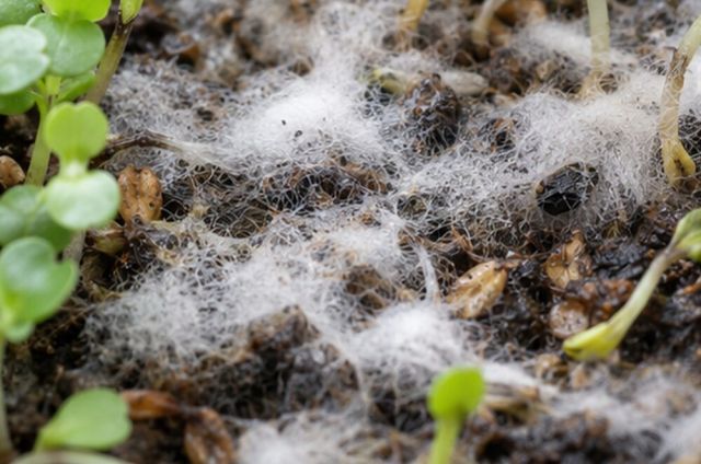Cottony mould on the compost in humid trays.