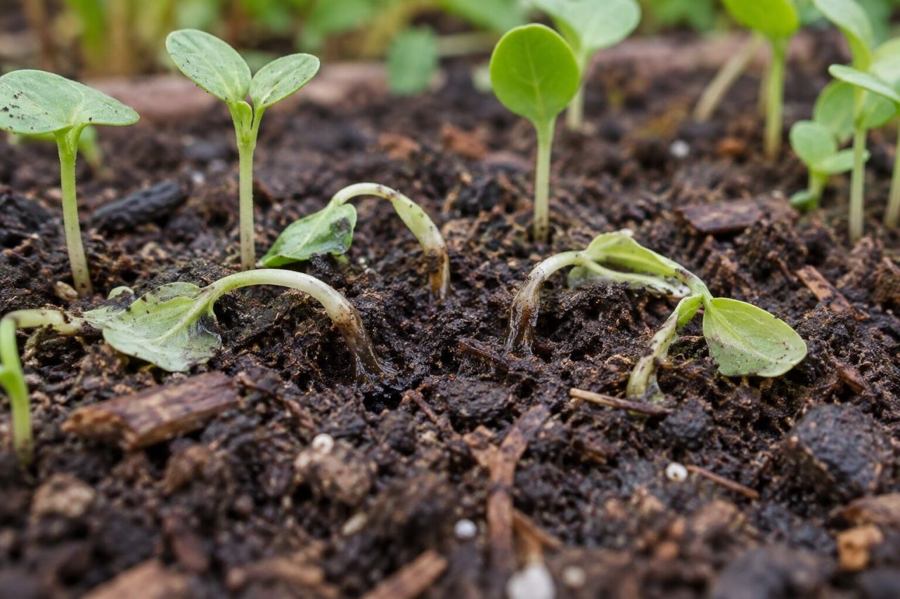 Seedlings collapsed at soil level from damping off