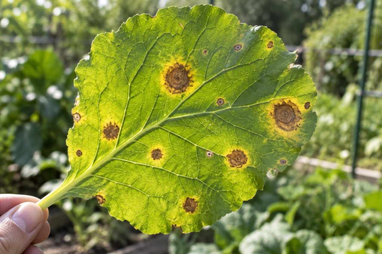 A leaf with spots and yellowing from disease