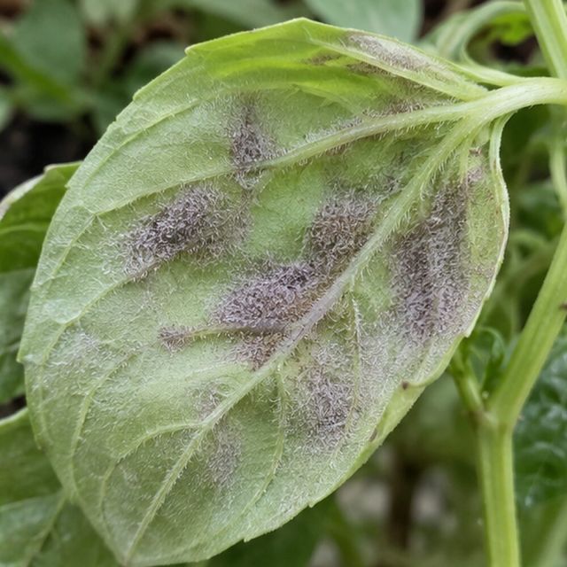 Fuzzy grey or purplish growth on the underside.