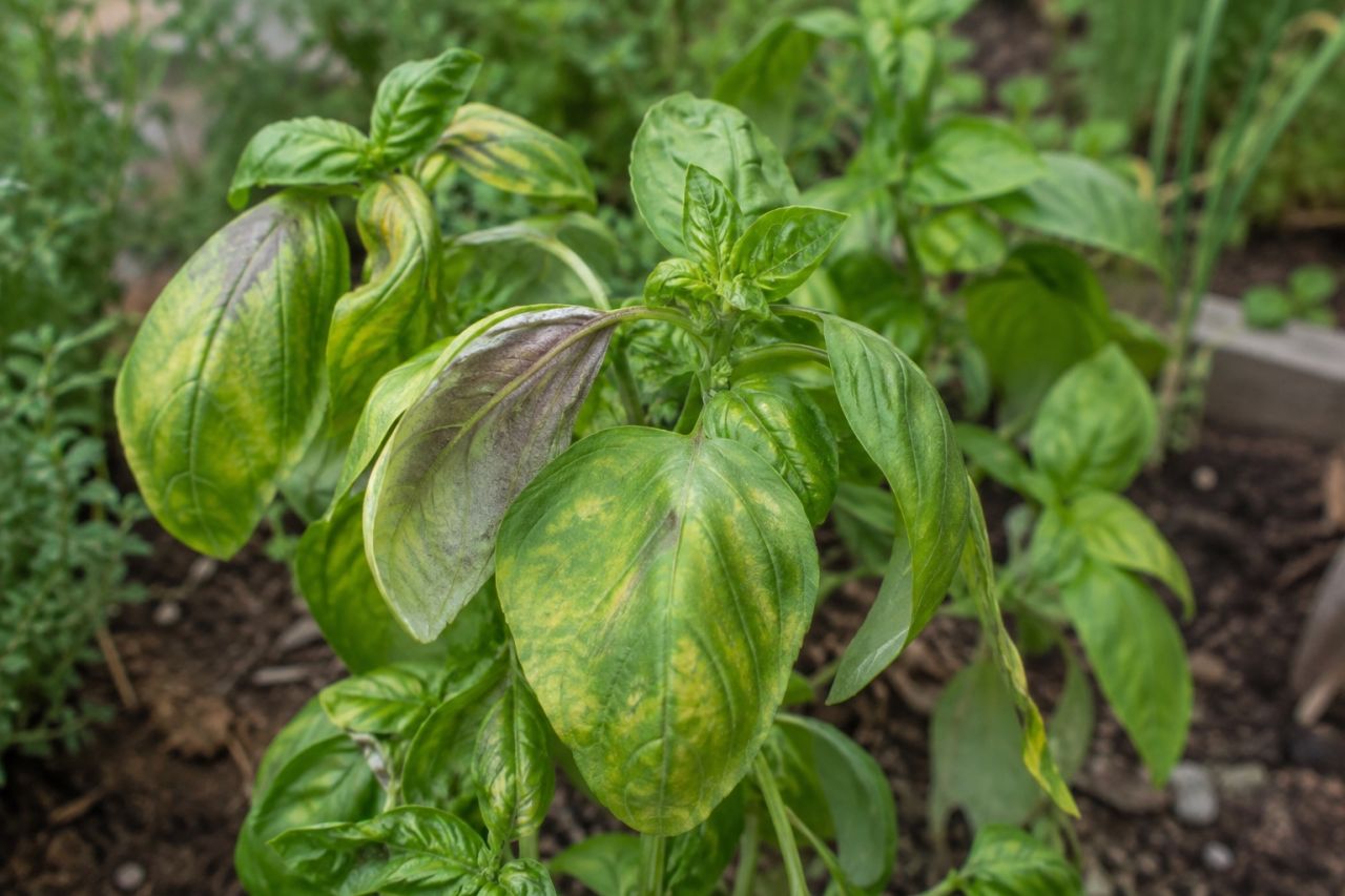 Basil leaves yellowing and blotched with downy mildew