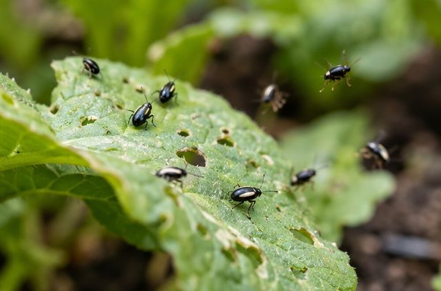 Shiny black or striped beetles hop away when touched.