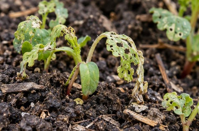 Heavily holed seedlings stall and wilt.