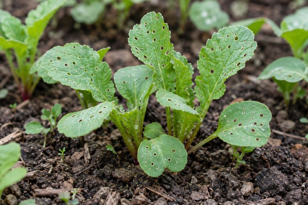 Radish seedlings peppered with tiny flea beetle holes