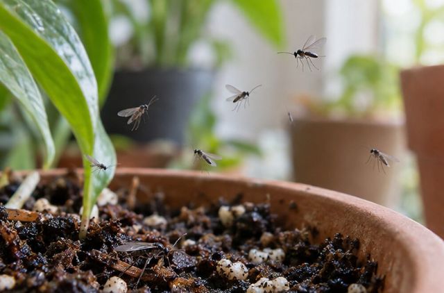 Weak-flying dark flies about 3 mm long around the compost.
