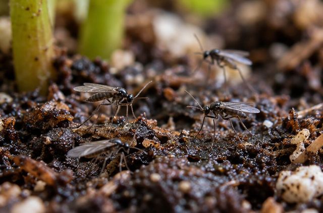 Flies run over the compost surface.