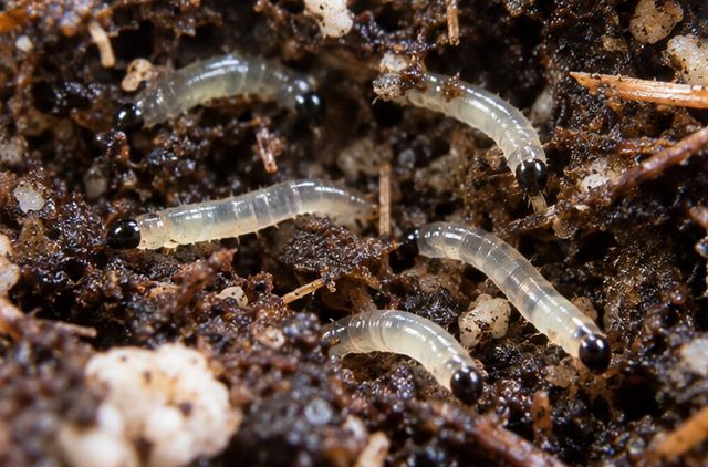 White maggots with black heads in the top few centimetres.
